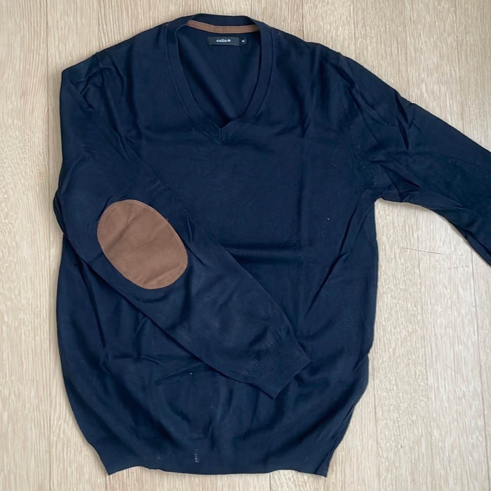 Celio Navy Sweater, elbow patch detail, size S